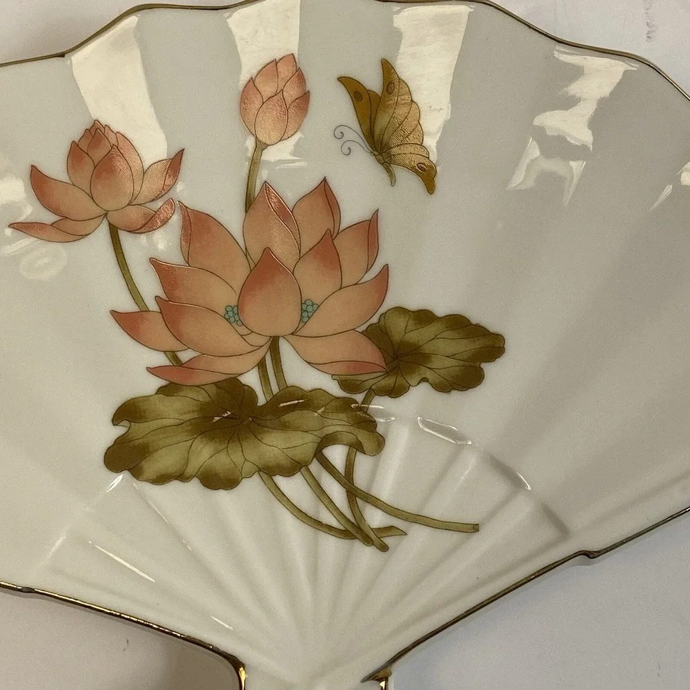 Beautiful Vintage‎ Japanese Porcelain Fan Shaped Tidbit Serving Plate Butterfly